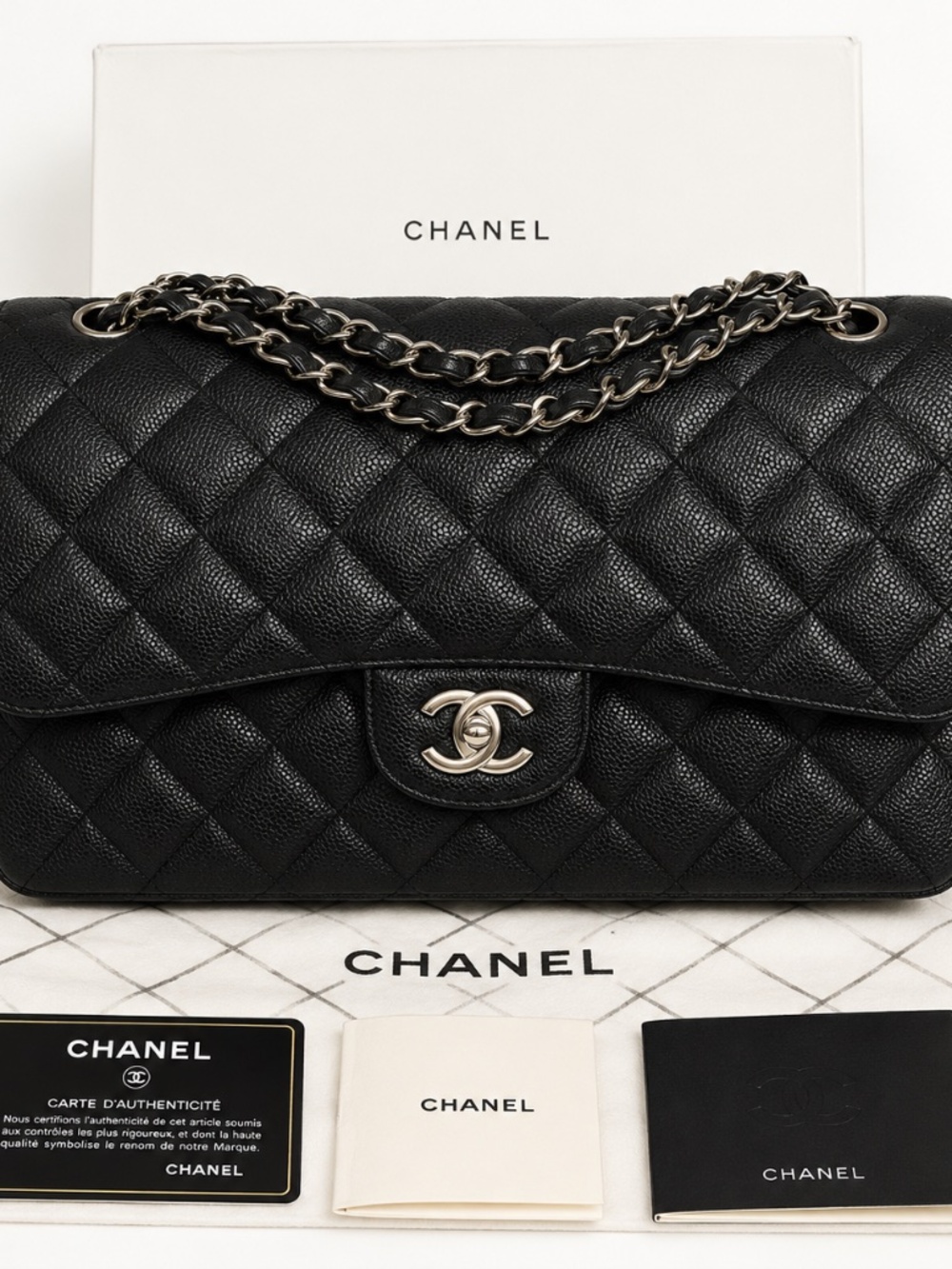 Chanel Jumbo Classic Double Flap Black Caviar SHW Full Set 23 Series